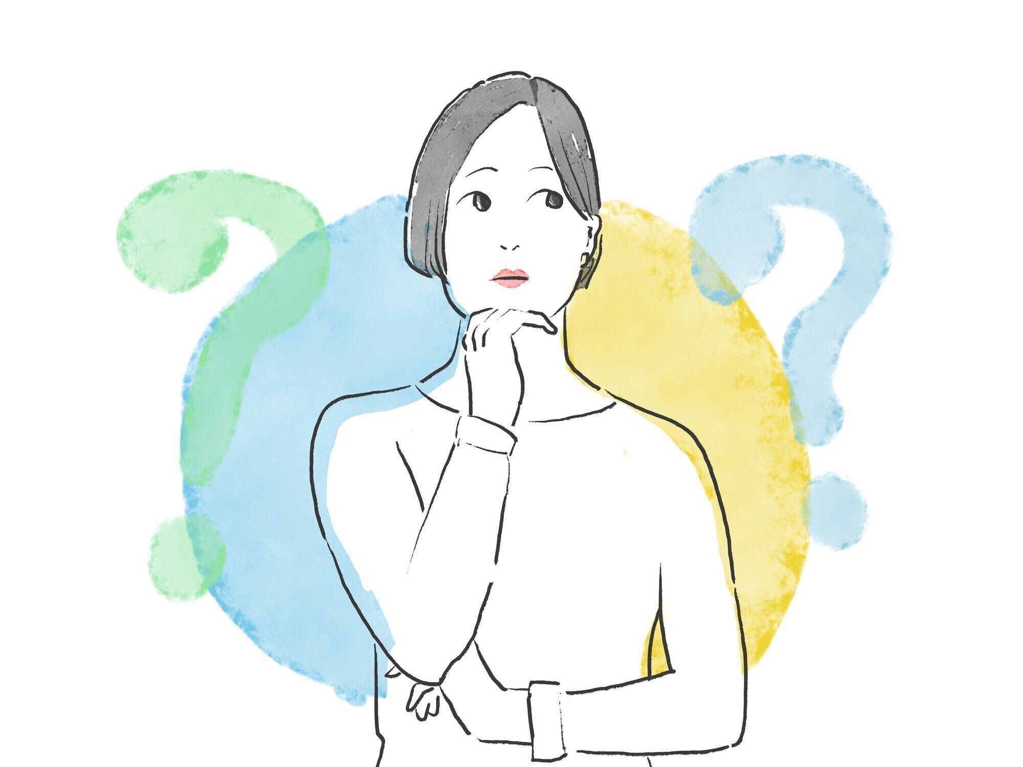 あごに手を置いた不思議なアジア人女性のイラスト。白い背景に疑問符を持つ思慮深い女性。
