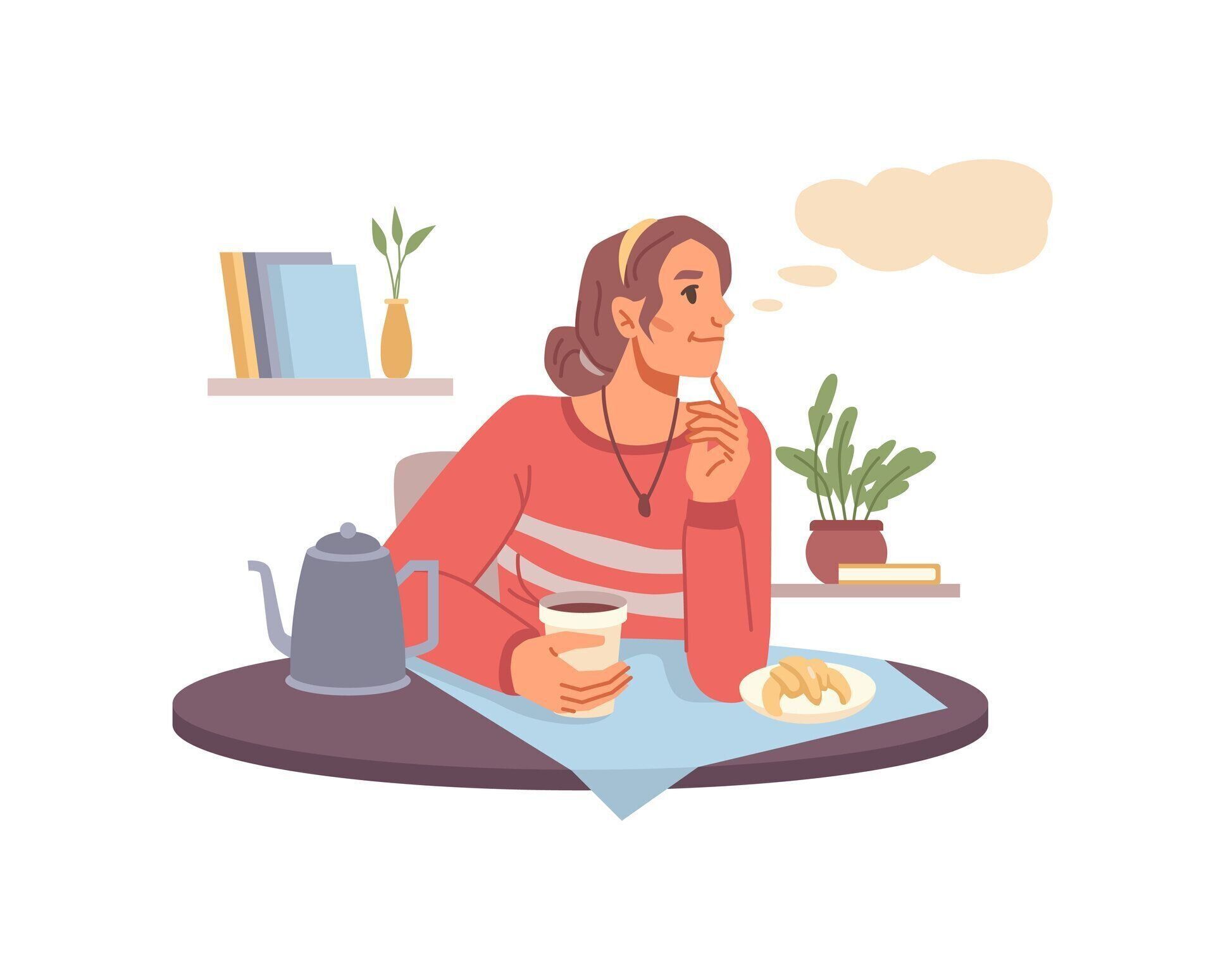 テーブルに座って、スナック、朝食の時間とコーヒーを飲む女性。昼食時に夢を見たり考えたりするベクトルの若い女の子、孤独な人はジレンマについて考える、質問に関する学生の検索決�