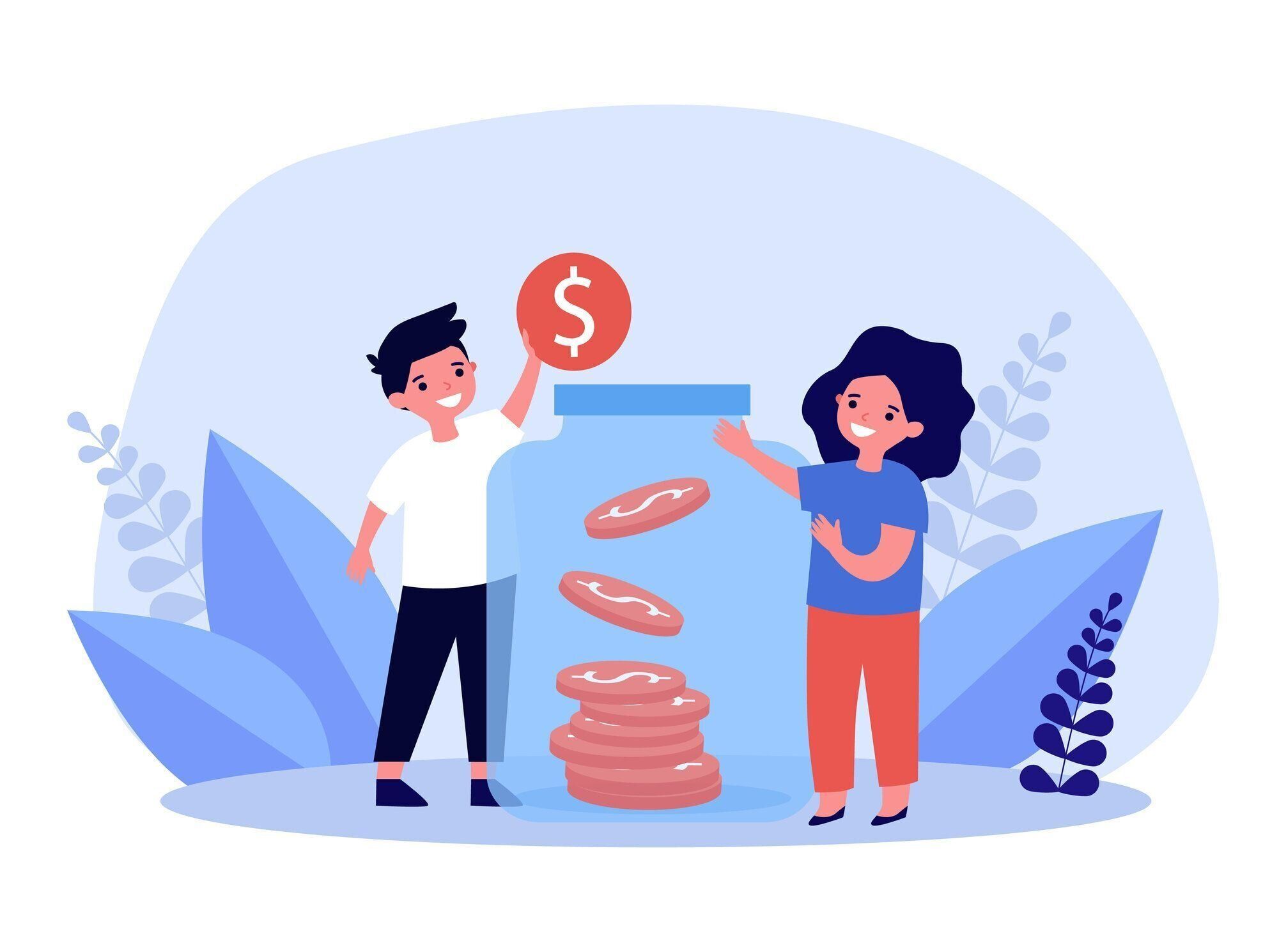 小さな子供たちが瓶の銀行でお金を節約