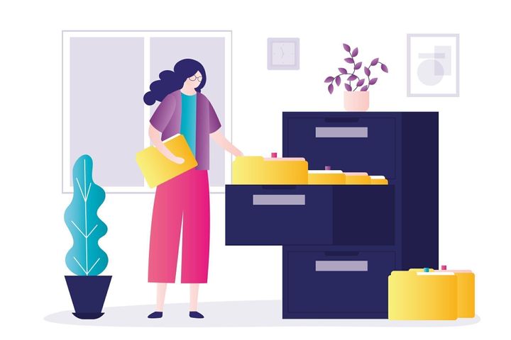 秘書はアーカイブ内の文書を整理します。オフィスのビジネスウーマンは書類を並べ替えます。女性キャラクターがクローゼットにフォルダを整理