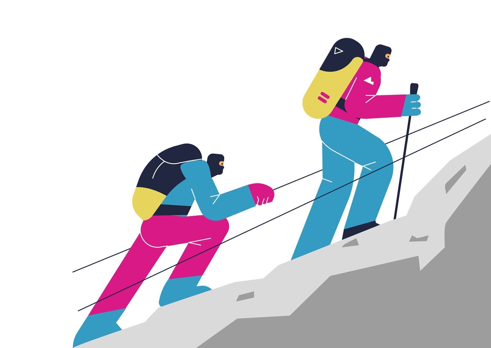 山の登山者やハイカーは、観光コース、フラットベクターを登ります。