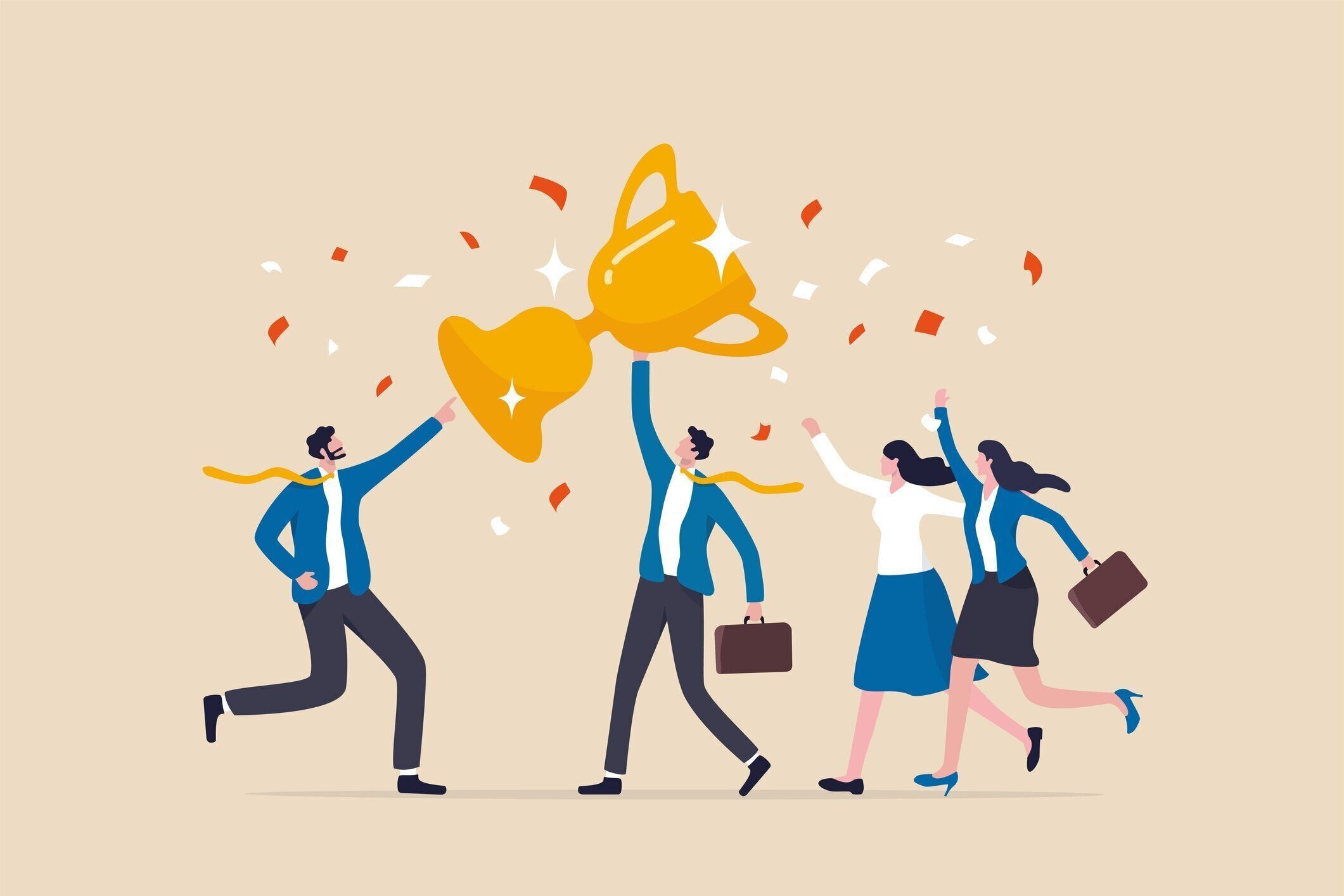 成功の仕事の成果やチームの勝利、勝者やリーダーシップ、キャリアの成功やチャンピオンのお祝い、受賞コンセプト、喜びのビジネスマンのチームの同僚は、成功を獲得したトロフィーを�