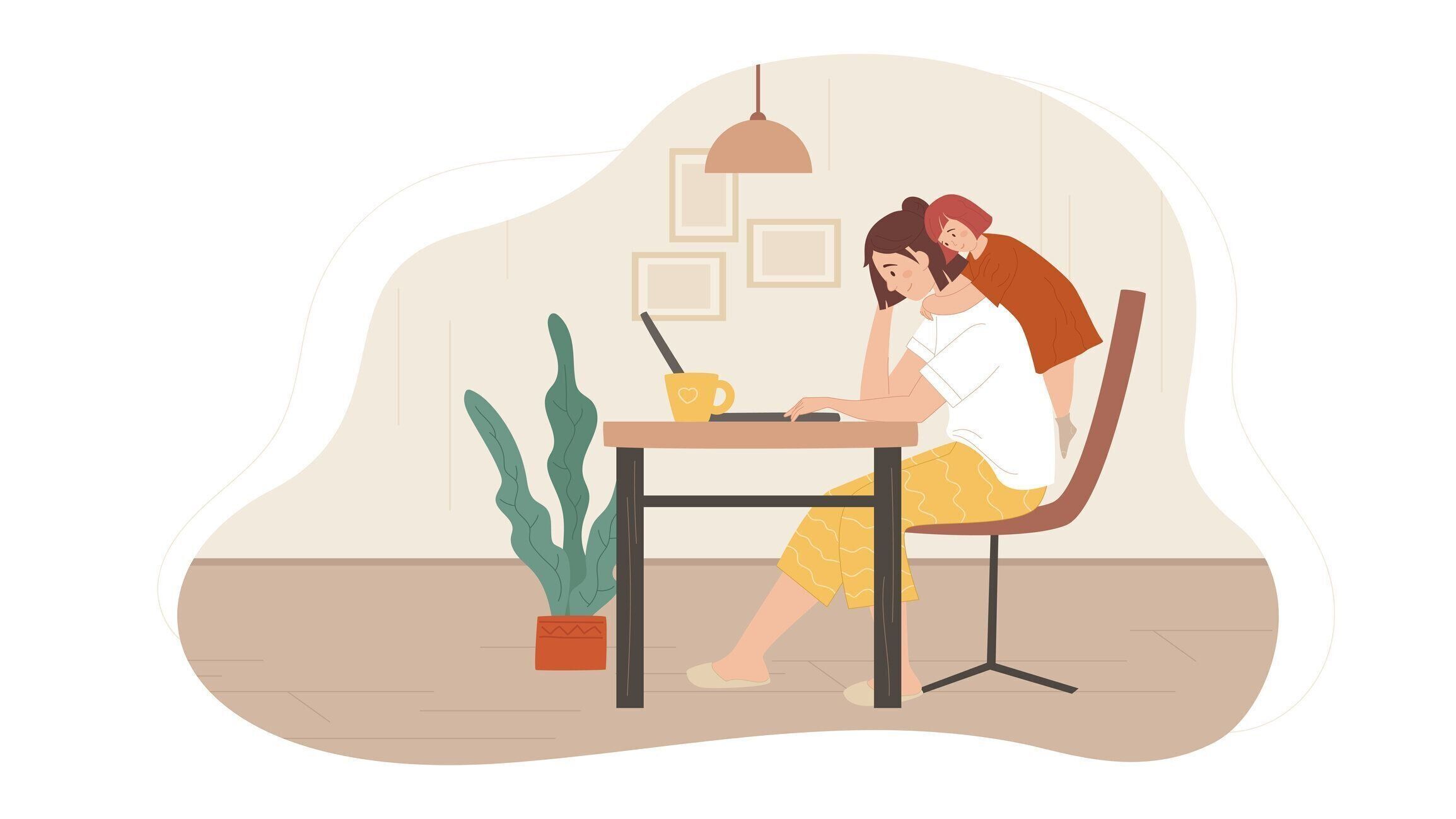 女性のフリーランサーは、幼い娘と一緒に自宅で働いています。ビジネスウーマンコンセプトベクトルイラスト。