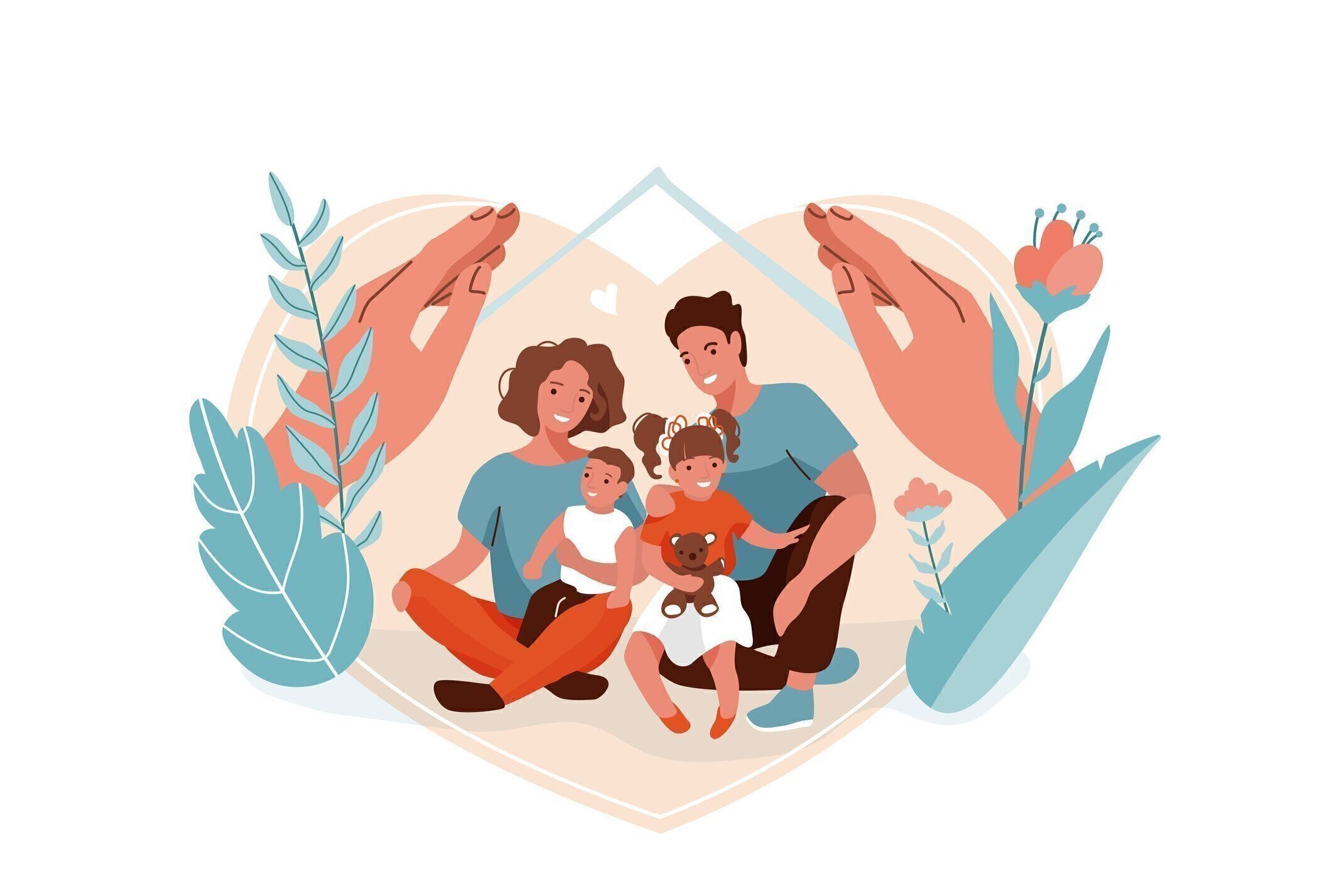 家族保護、子供のベクトルの背景とのサポート。母、父、娘、息子が一緒に座って抱き合う。手は人を抱きしめ、花を咲き、自然を去る。ホームコンセプト