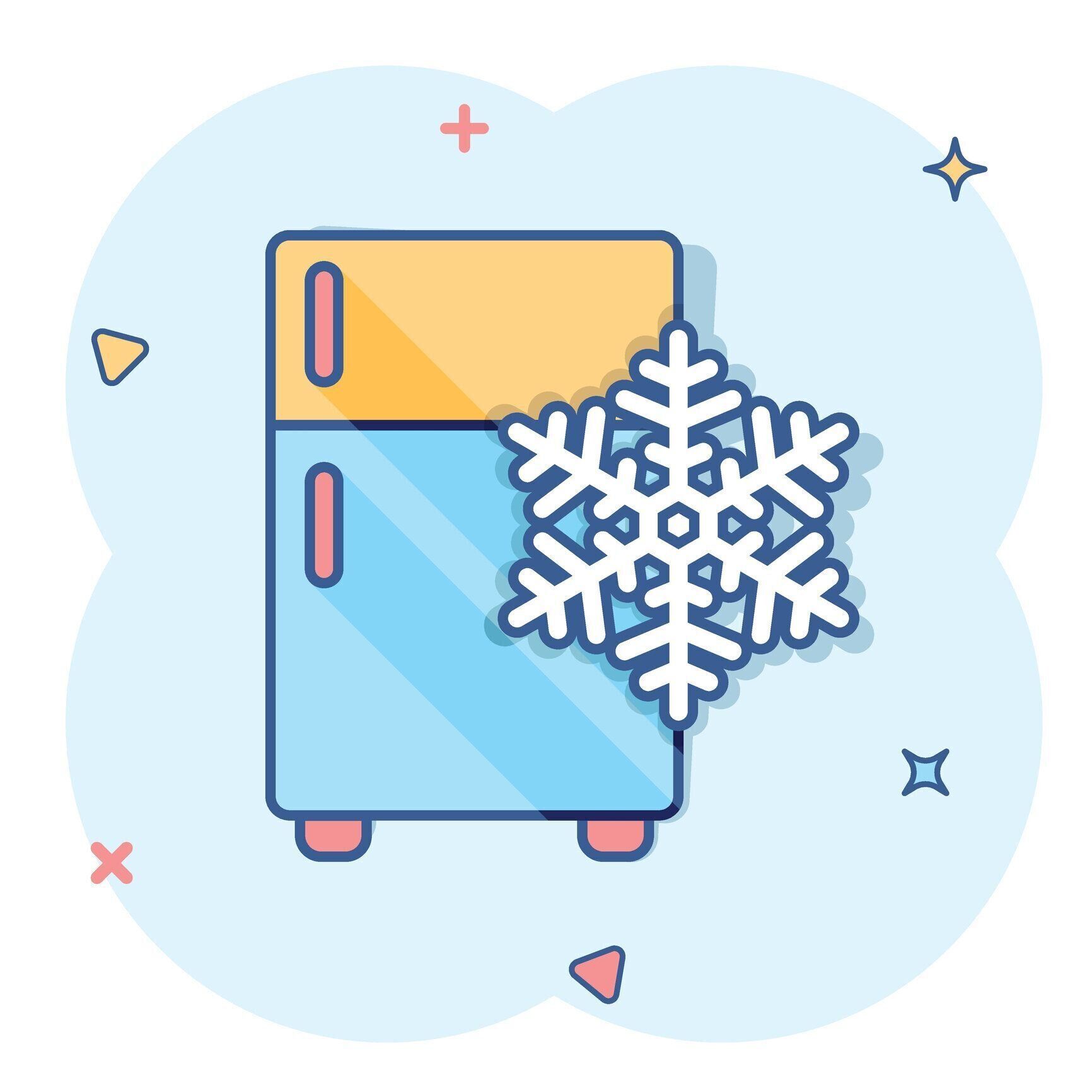 コミックスタイルの冷蔵庫の冷蔵庫のアイコン。冷凍庫コンテナベクター漫画イラストピクトグラム。冷蔵庫ビジネスコンセプトスプラッシュ効果。