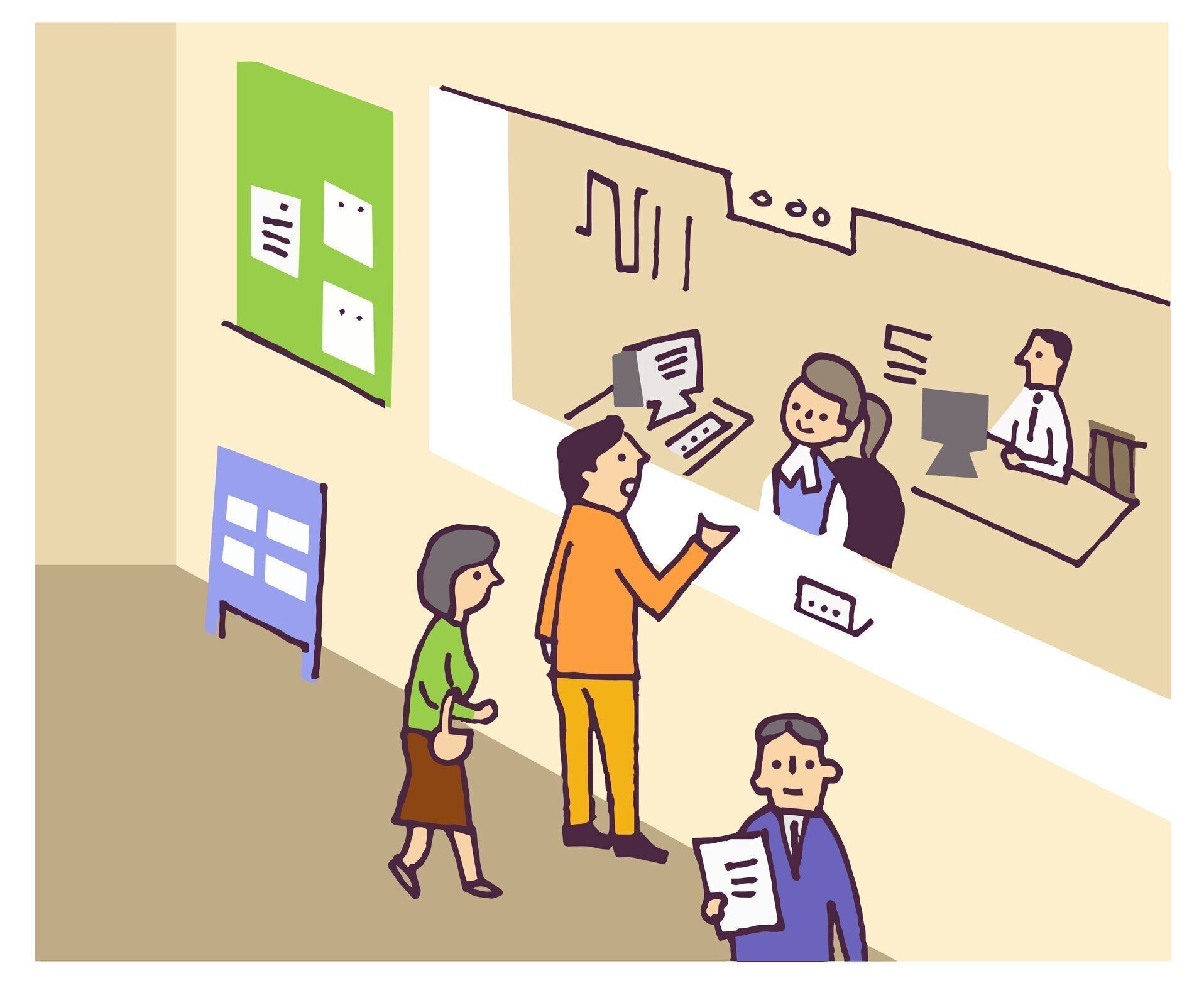 市役所の窓と地域住民