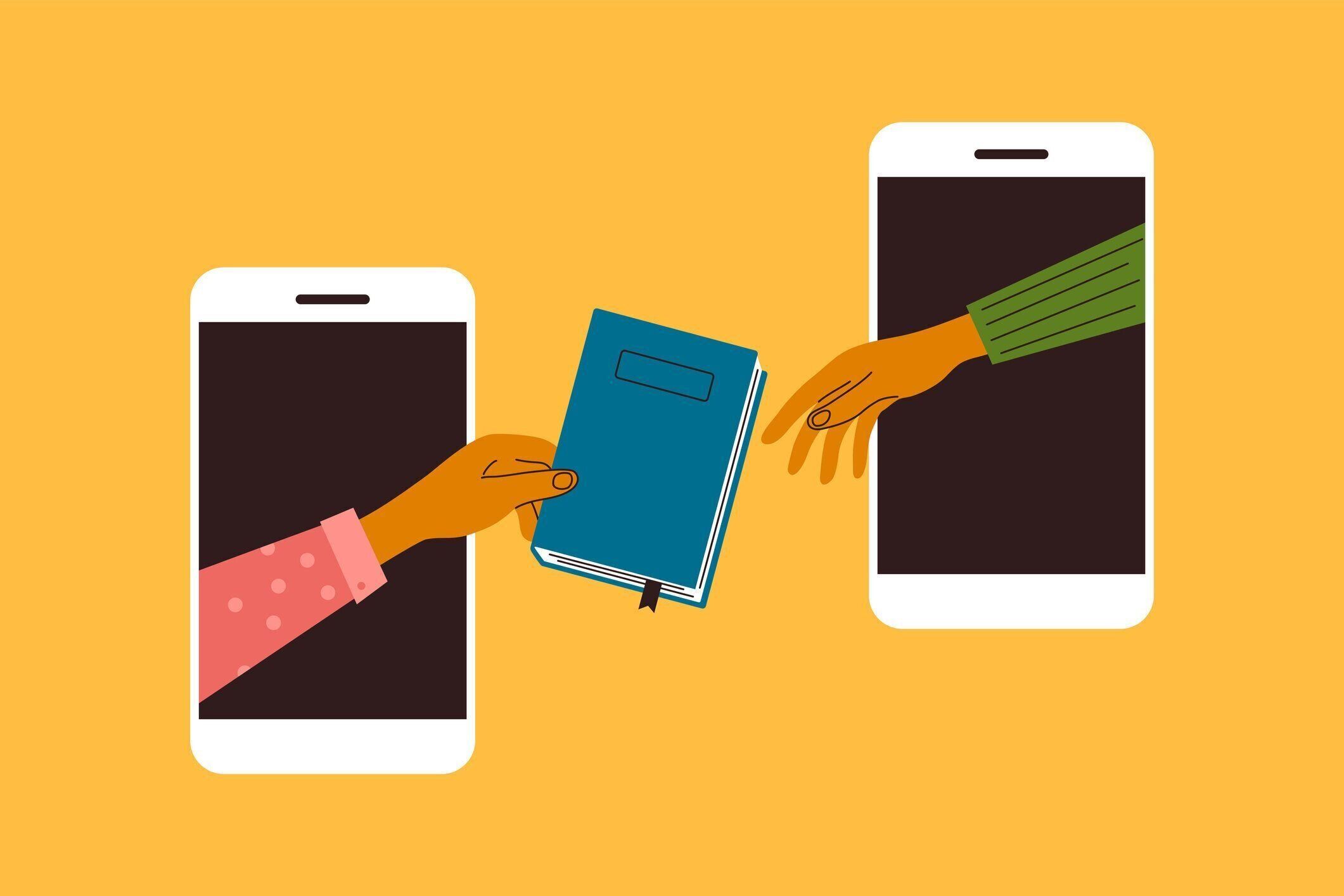 オンライン書籍スワップ、交換やハンドでベクトルイラストを横断携帯電話から友人に本を与えます