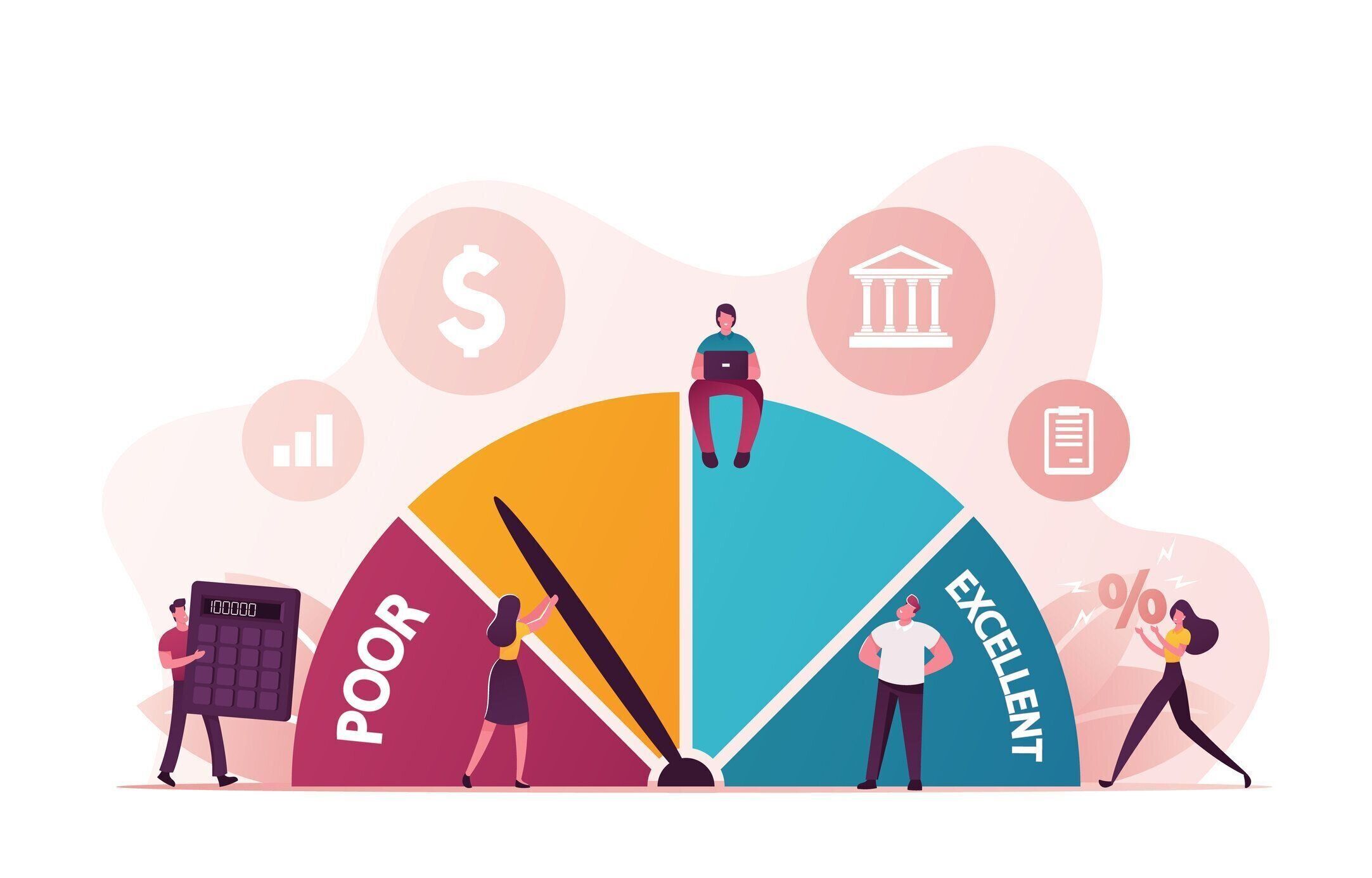 学生ローン、住宅ローン、支払いカードの個人の信用力またはリスクを示す債務報告書に基づくクレジットスコア評価。[文字] [ クレジット] を選択します。漫画の人々ベクトルイラスト