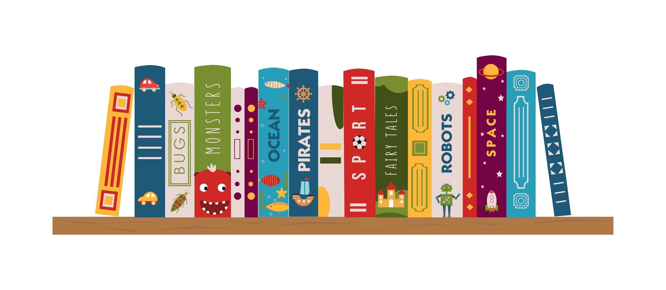 児童書が置かれた本棚。男の子のための文学。子供の読書。カラフルな本の表紙。学校、図書館、書店、フェア、フェスティバルのバナー。