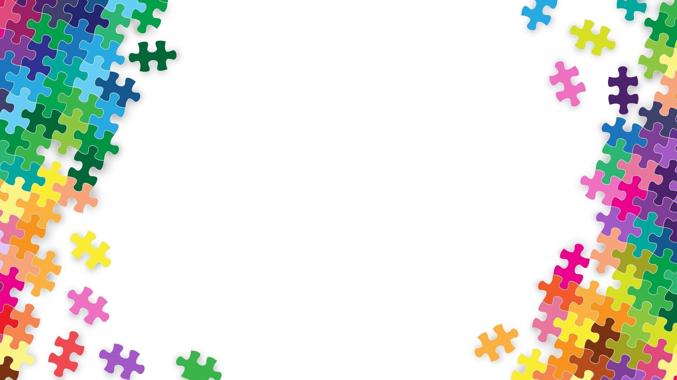 白い空白のスペースセンターとカラフルな虹のジグソーパズルピースフレームの背景