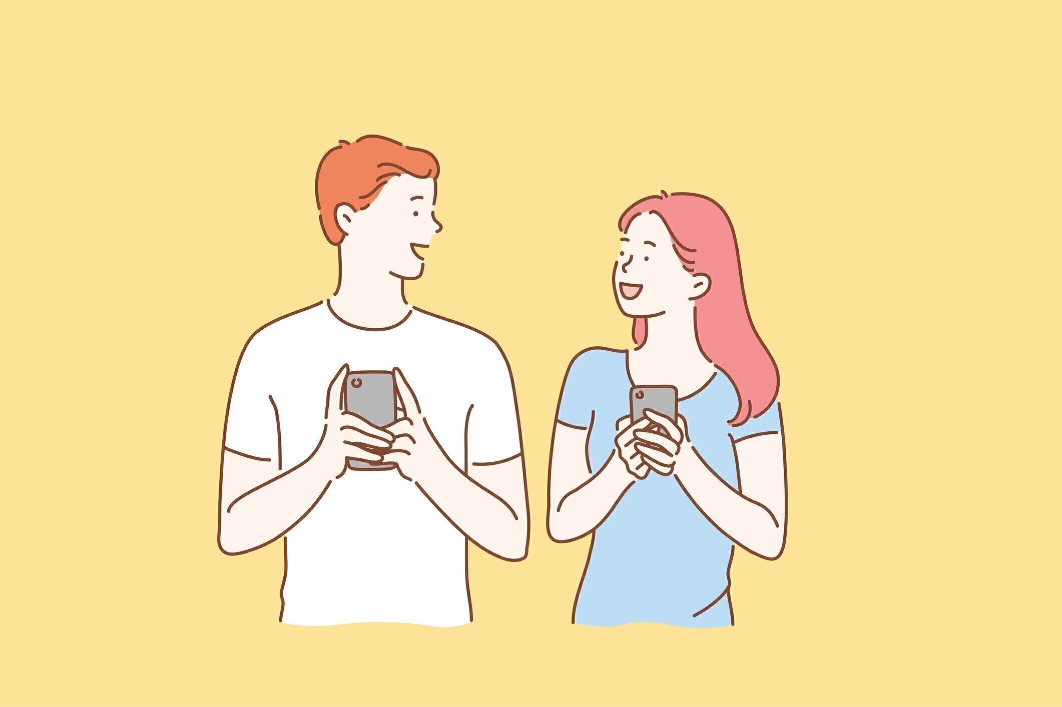 恋の若いカップルのコンセプトは、笑顔の男女を興奮させました。男の子と女の子は、両方の携帯電話を使用して、会うか、話す