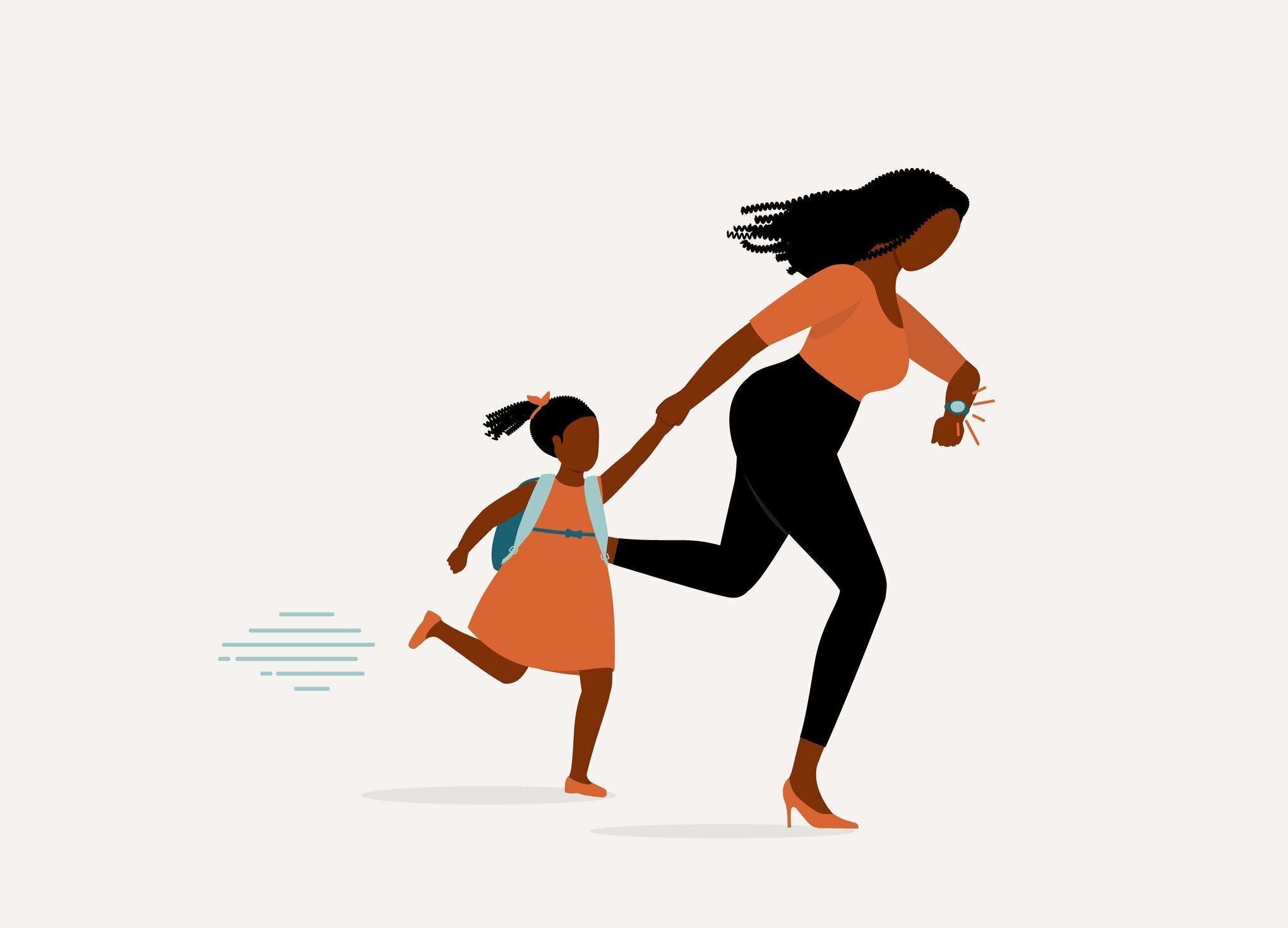 娘を学校に連れて行くために遅れる黒人の母親。