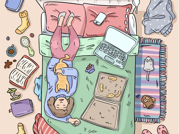 女の子はベッドの上先延ばし。自宅の大きな混乱。コミック スタイルのイメージ。平面図です。