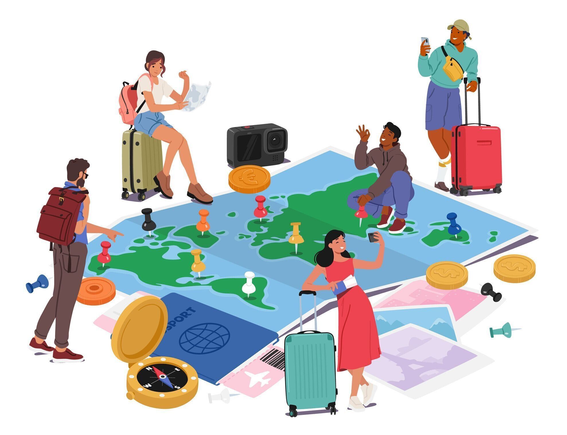 人々のグループが巨大な世界地図の周りに集まり、場所を指摘し、旅行計画のベクターイラストについて話し合う