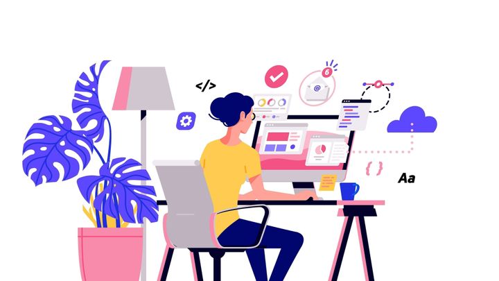 ホームベクターフラットスタイルのイラストで作業します。オンラインキャリア。コワーキングスペースのイラスト。自宅でラップトップやコンピュータで働く若い女性フリーランサー。検�