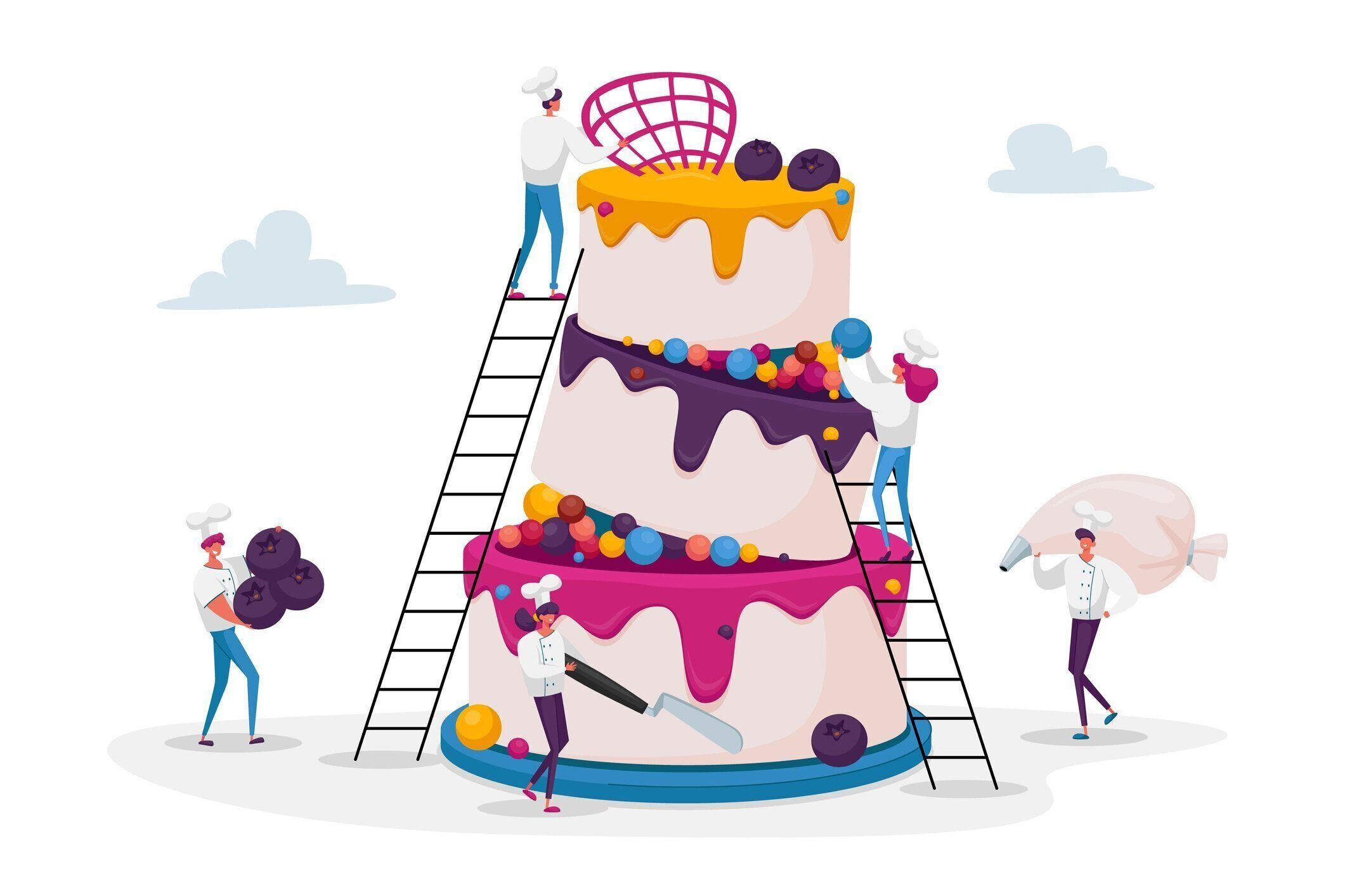 人々はクリームとベリーでお祝いのケーキを調理します。シェフの制服とキャップ飾り巨大なパイの小さなキャラクター。誕生日や結婚式のためのチームワーク、ベーカリー、ジャイアント�