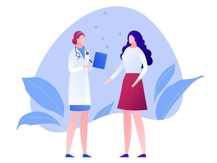 ベクトル現代フラットドクターと患者のキャラクターのイラスト。婦人科のための白いデザイン要素上のアメーバの背景に女性のメディックと女性, バナー, ポスター, インフォグラフィック,