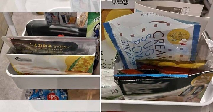 空箱に収納されたコーヒーやレトルト食品
