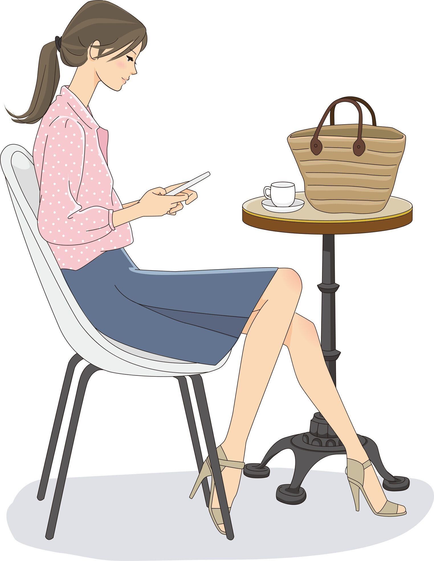 カフェでスマートフォンを見ている若い女性