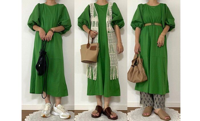 【しまむら】1419円ぽわん袖のトレンドグリーンワンピース