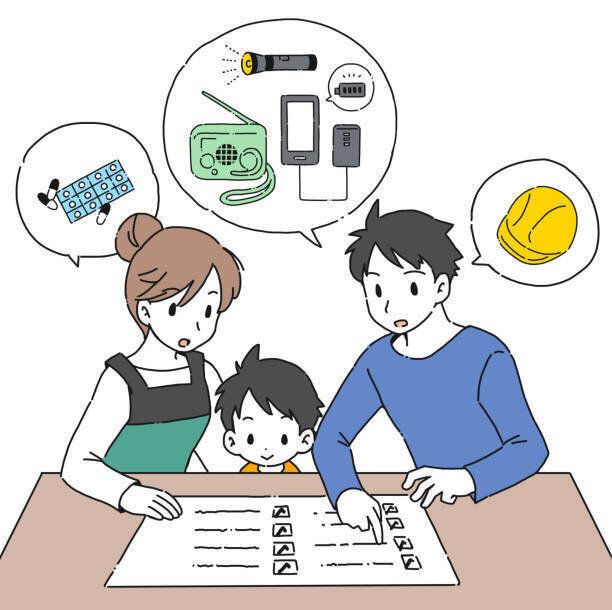 災害時に必要な項目のチェックリストを作成する家族のイラスト