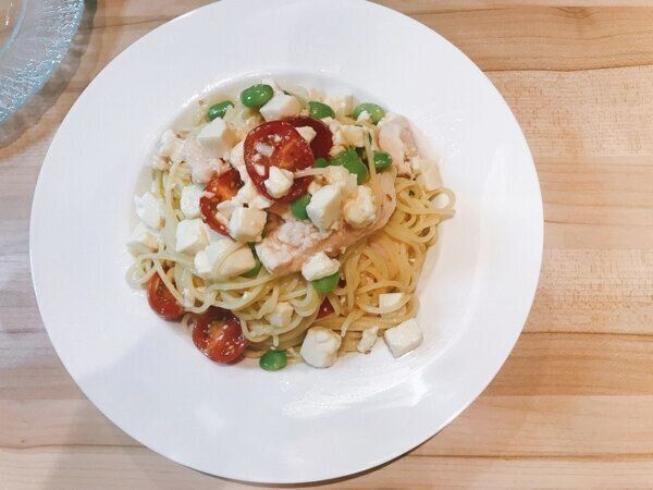 鶏ササミと豆腐の冷製パスタ