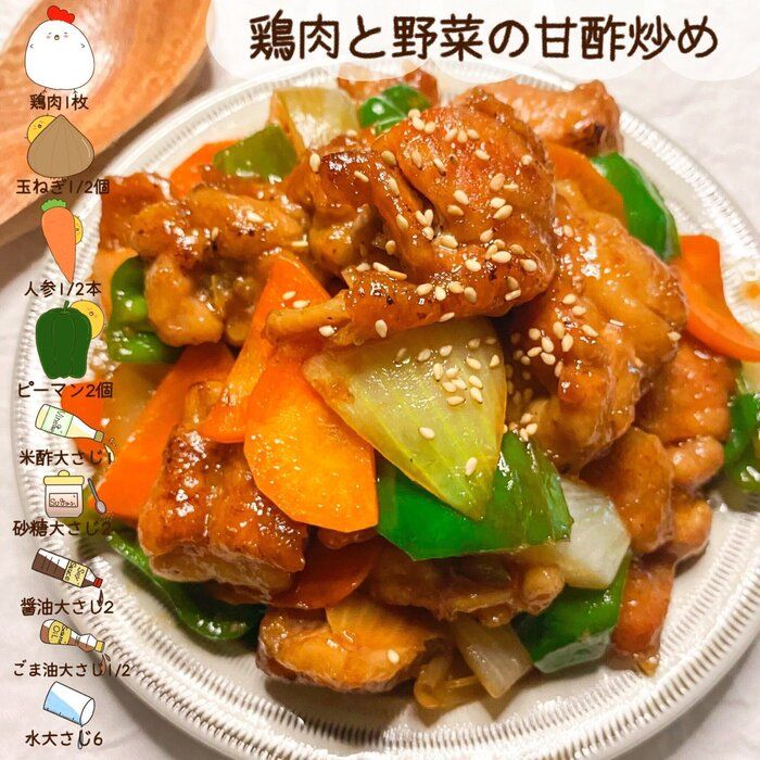 【見てわかるお絵かきレシピ】やみつき間違いなし！鶏肉と野菜の甘酢炒め
