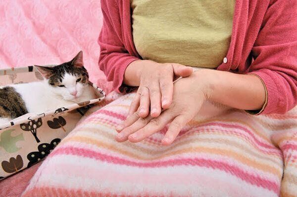 手を温める飼い主さん