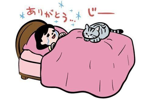 飼い主さんの布団の上でおとなしくするアメリカンショートヘア　イラスト／simico