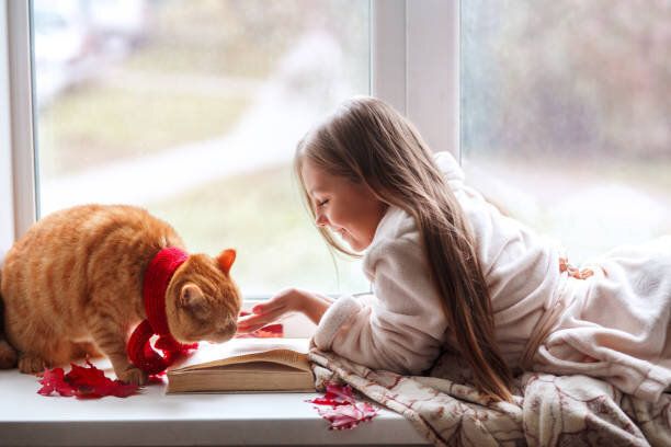 赤猫を持つ小さな女の子が窓枠に横たわり、本を読み、ココアを飲んでいました。家で猫と秋の週末。