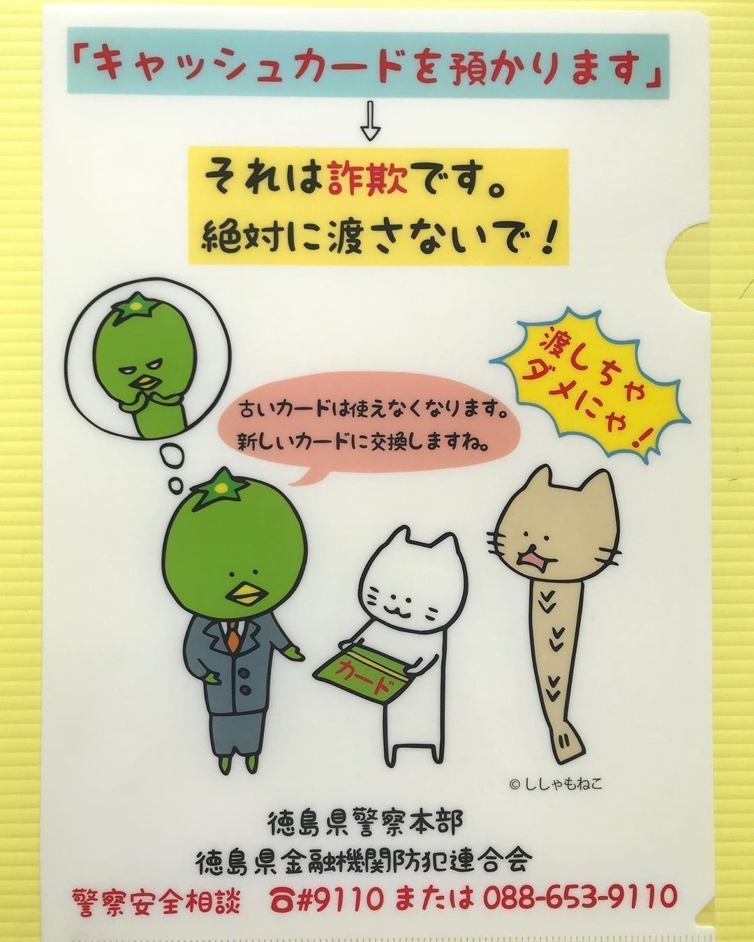 詐欺の注意を呼び掛けるししゃもねこ