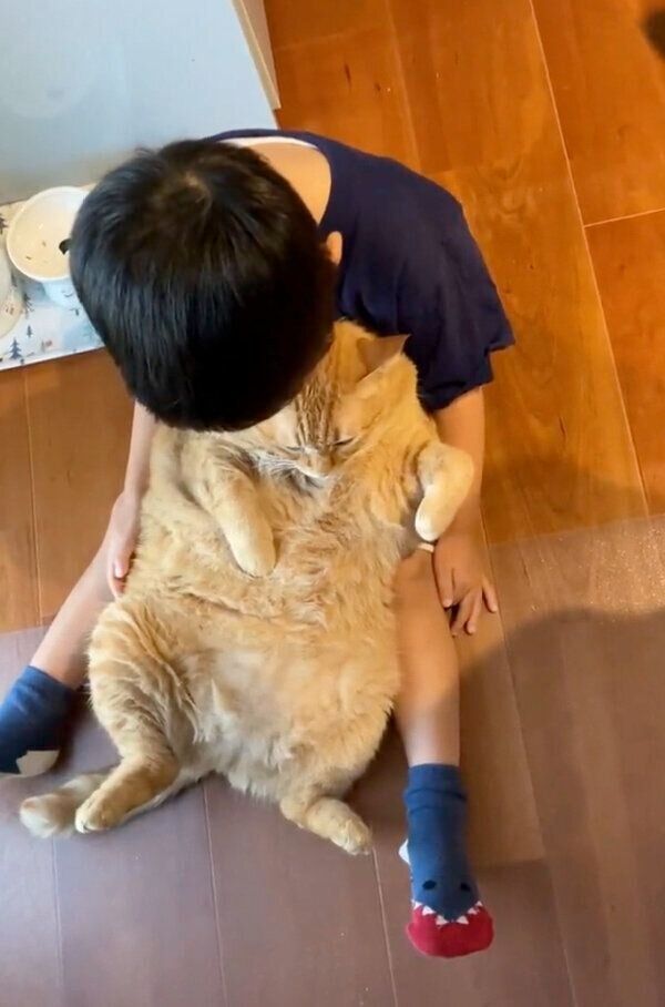 息子さんに寄りかかってまったりするすずくん