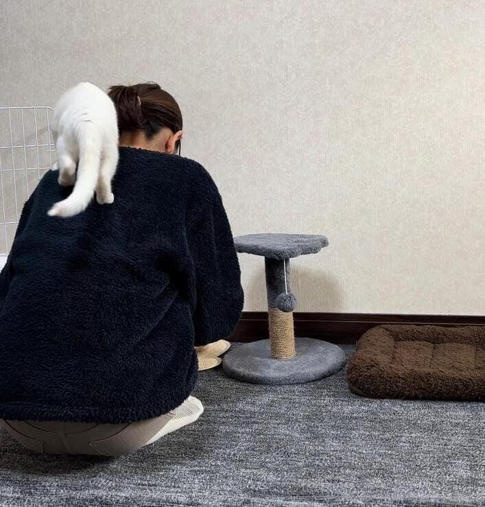 飼い主さんの背中に乗るむぎくん