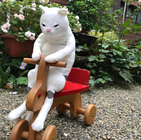 三輪車に乗る猫のぬいぐるみ