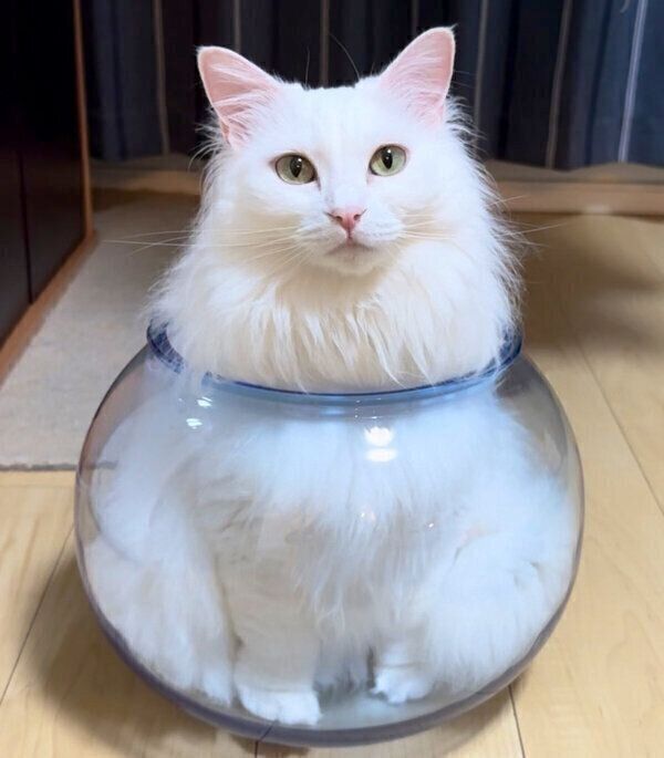 金魚鉢の中に入る雪之丞ちゃん