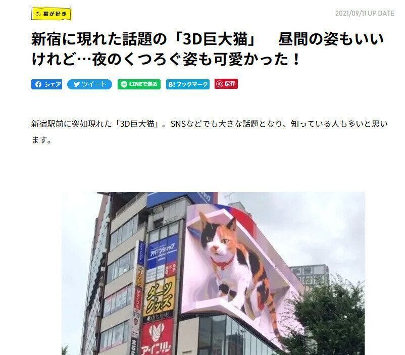 ねこのきもちWEB MAGAZINE「新宿に現れた話題の「3D巨大猫」　昼間の姿もいいけれど…夜のくつろぐ姿も可愛かった！」