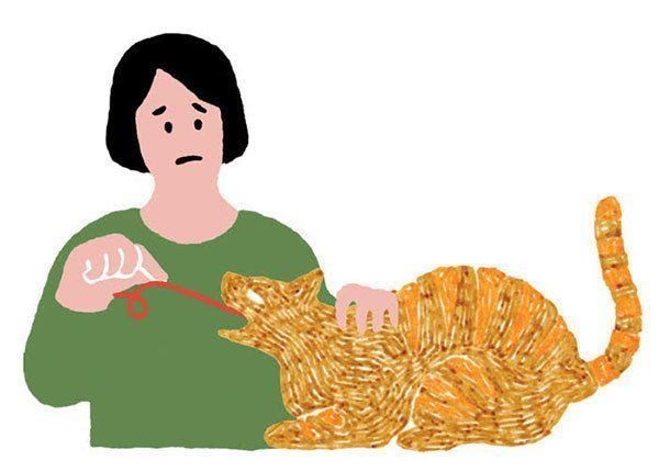 猫の口からヒモを出そうとする