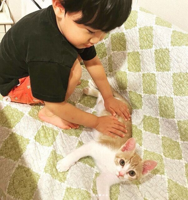 ポットくんを触る息子さん