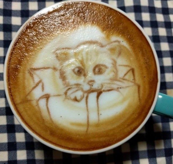 袋に入った猫ちゃんのラテアート