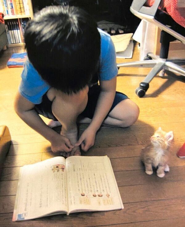 音読中の息子さんを見守るピョンタくん