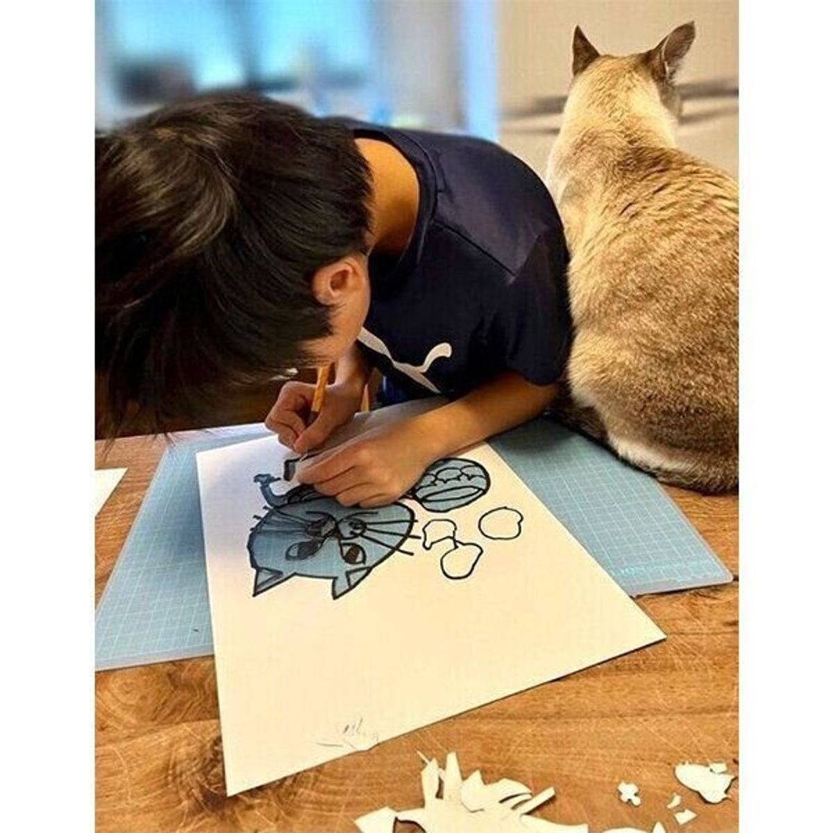 切り絵アート制作中の男の子を近くで見守るのは 猫 完成した作品に 天才 凄いセンスと才能 と感嘆の声が ねこのきもちweb Magazine 切り絵アート制作中の男の子を近くで見守るのは 猫 完成した作品に 天才 凄いセンスと才能 と感嘆の声が ねこのきもちweb Magazine