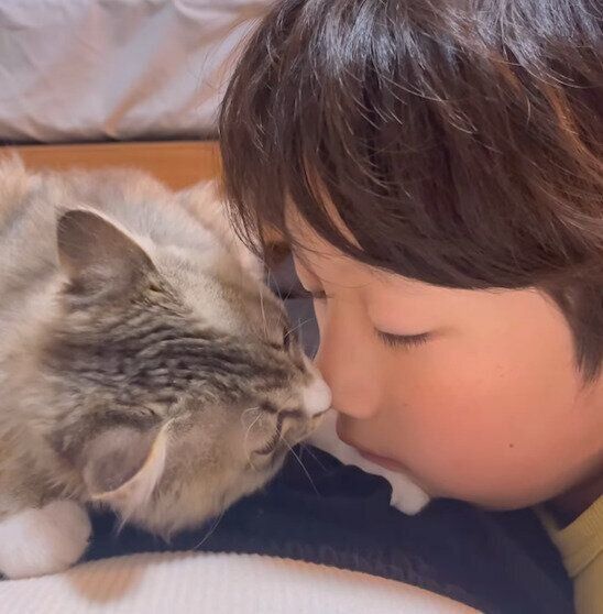 顔を近づけるふわくんと息子さん