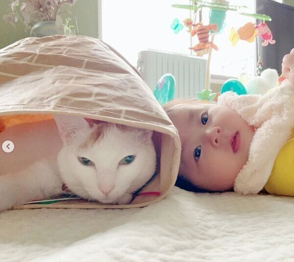 娘さんのそばでくつろぐサニちゃん