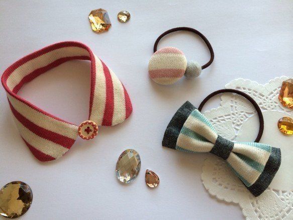 ニット素材のボーダーつけえり＆リボンゴム