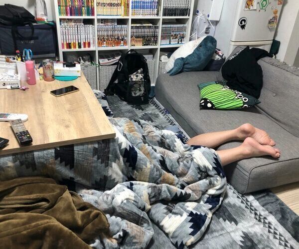 コタツの中にいる猫を触りながら眠りに落ちてしまう飼い主さん