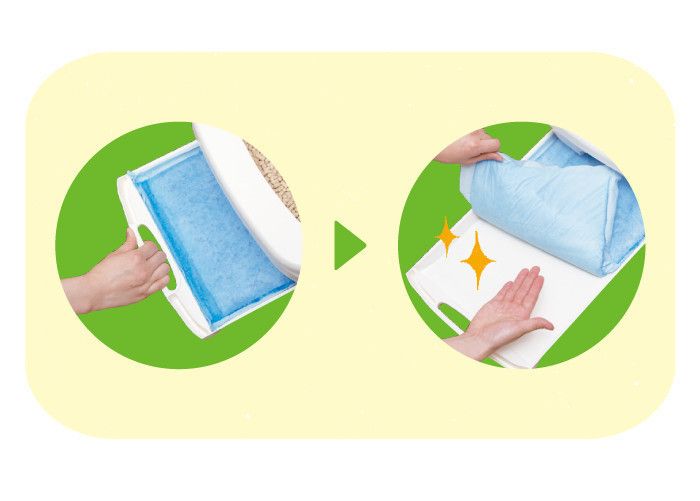 モレないたっぷり吸収シートで手を汚さずに交換!