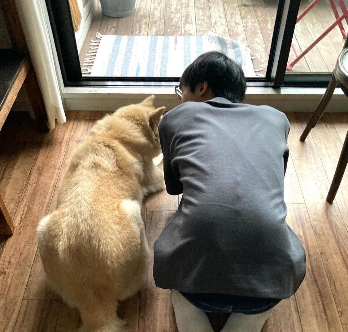 息子さんと一緒に外を眺めるしずくちゃん