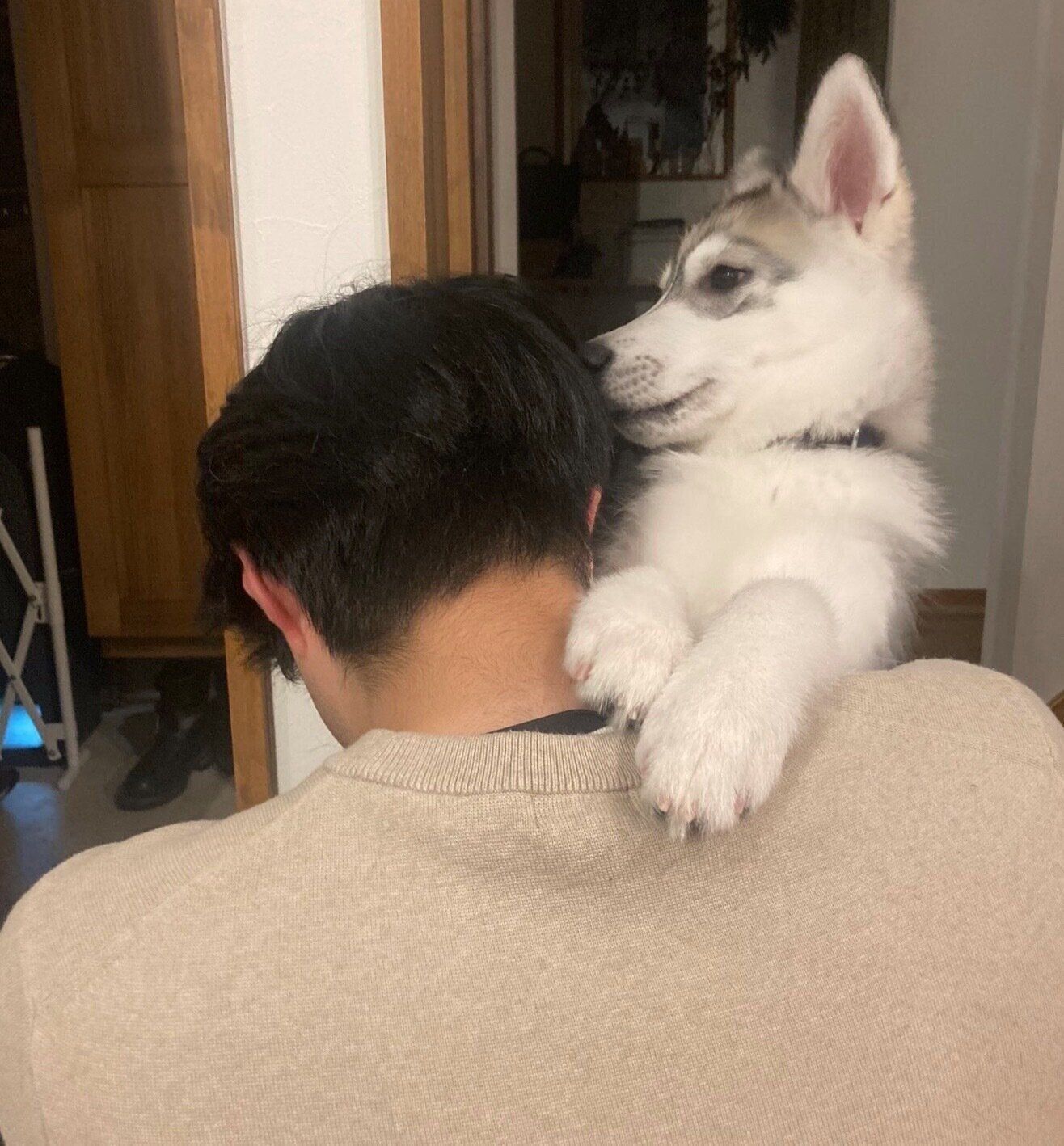 パパさんに抱っこされる硯くん