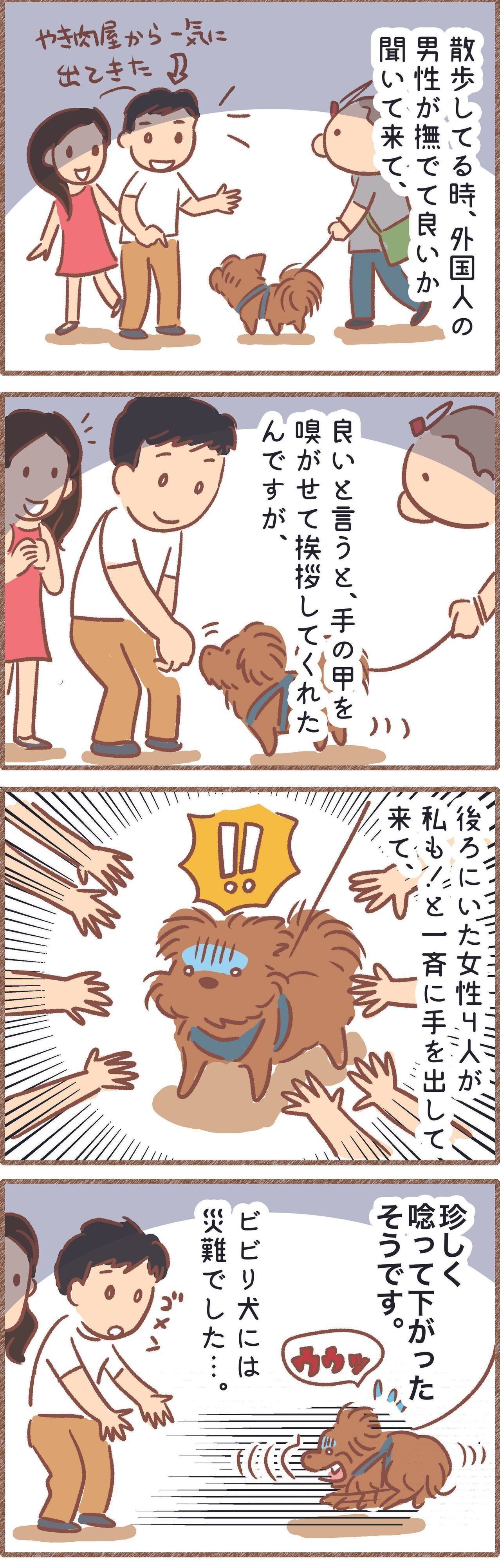 突然外国人の集団に撫でられそうになってびっくりした犬のマンガ