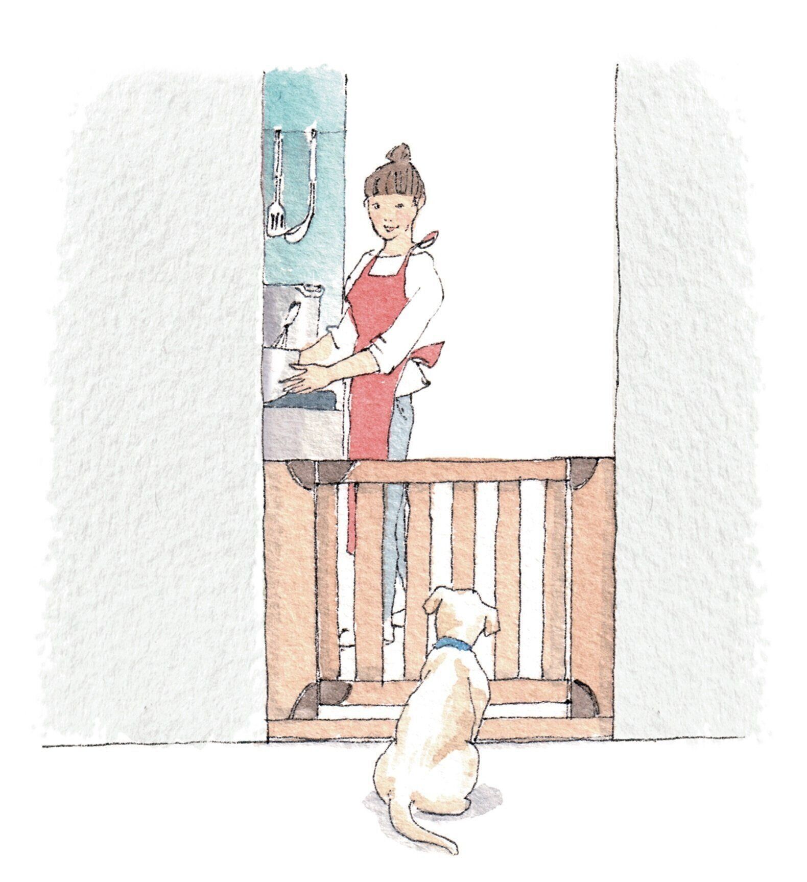 キッチンは人の食べ物があったり、ゴミ箱が置いてあったりと愛犬が誤食しやすい環境。愛犬が入れないように柵をつけるなどしておくと安心です（イラスト／フジマツミキ）